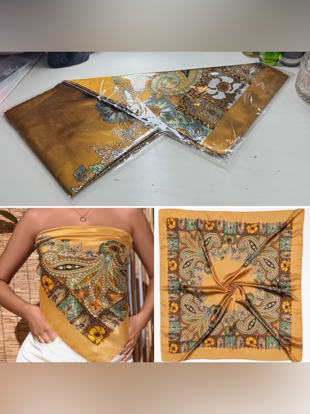 3/$15 Head Scarf Women Satin Square Head Scarf Fashion Sleep Golden Paisley